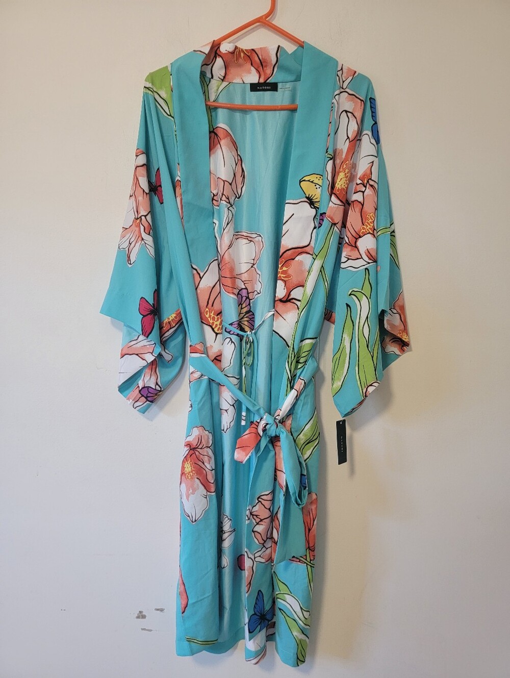Natori Aqua Floral Kimono Robe with Coral Blooms